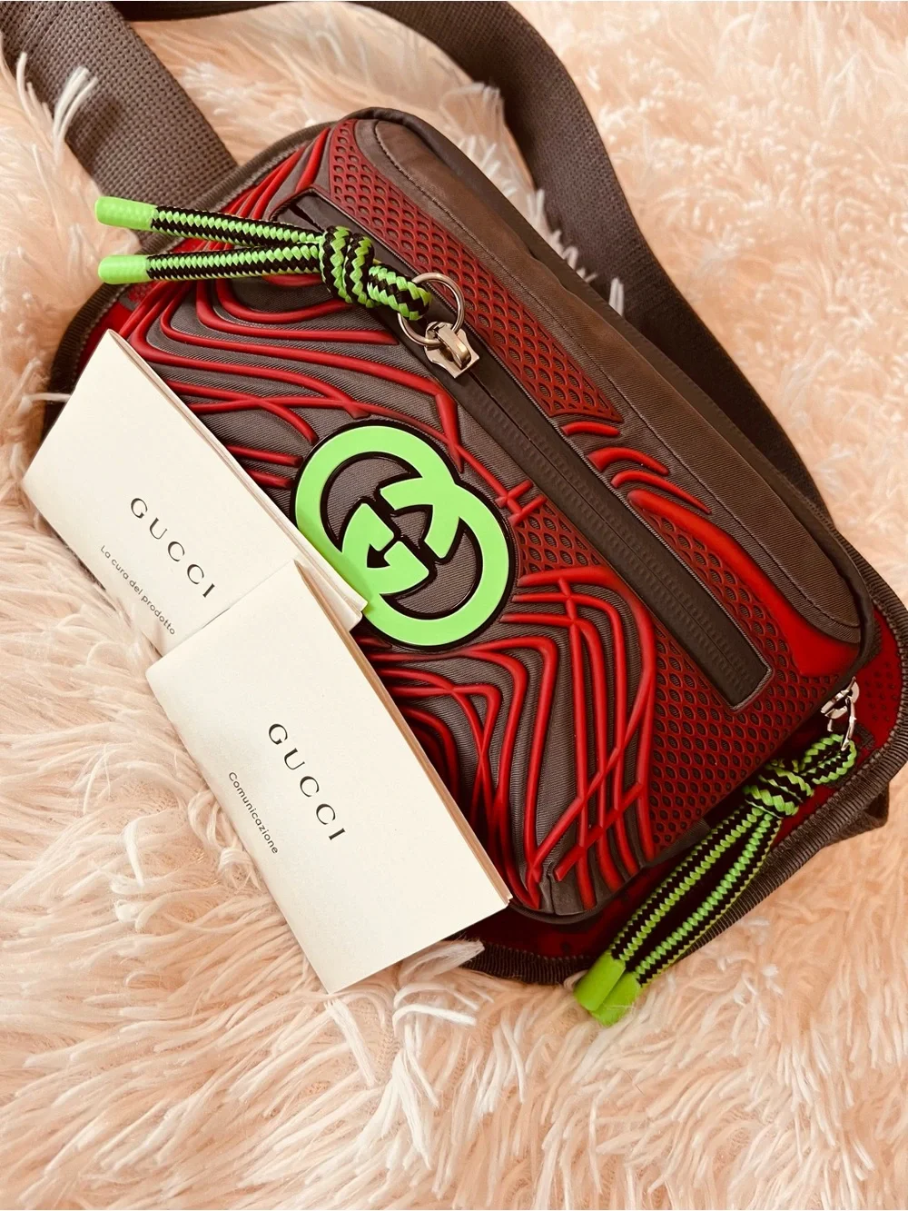 Red Leather Crossbody Belt Bag with Neon Green Accents
